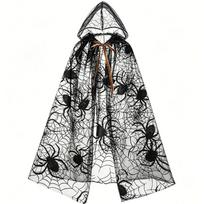 Lengvas Halloweeno su gobtuvu juodas ilgas apsiaustas su voratinklio rašto tinkliniu megztuku Maskaradų vakarėliui Style A black