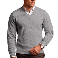 Men's V Neck Cable Knit Sweater Long Sleeve Solid Color Lightweight Casual Pullover Knitted Jumper for Business Daily L pilka
