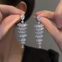 Silver Needle Zircon Waterdrop Tassel Earrings New Fashionable Light Luxury Versatile Stud Earrings with a Unique Sense of High-End Earring Design gray