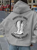 Country Soul Cowgirl Heart Floral Cowboy Boots Print Men Hip Hop Sports Hoodie, Western Casual Loose Sweatshirt 3XL