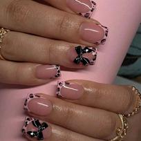 24Pcs Red French Leopard Print Press On Nails With 3D Bows Short Square Fake Nail Tips Sweet Cool Manicure brown