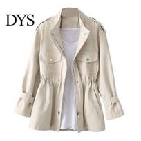 Long Sleeve Fitted Jacket Autumn Winter Women Stand-up Collar Chest Pockets Zipper Closure Slim Casual Solid Color Waist Mid Length Outdoor XXL smėlis