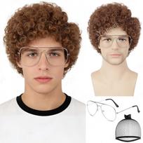 Sintetiniai trumpi garbanoti perukai+akiniai rudais afro nerd plaukais suaugusiems, juokingas 80-ųjų Helovino kostiumas, retro cosplay, Napoleono Dynamite perukas ruda