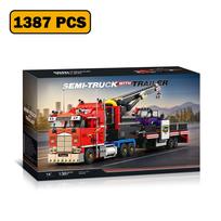 1387 PCS Kenworthed K100 Semi Truck Tractor Building Blocks North American Heavy Duty Truck Low Flatbed Trailer Bricks Toys Gift 1387 PCS gray