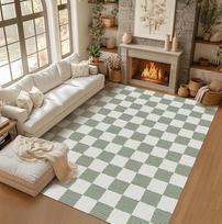 Green Checkered Area Rug Sage Large Living Room Rug Non-Slip Soft Bedroom Carpet Dining Room Nursery Home Office Indoor Decor 120x160cm