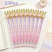 21Pcs Back To School Season Stationery, Cute Golden Bunny Ears with Shiny Transparent Bead Decorated Writing Pen, Gradient Pink Glitter Pen Shaft, Smo 21Pcs beige