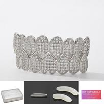 Hip Hop Grillz: 14K Gold Plated Copper Zirconium Teeth Jewelry for Rap & Halloween. Lower gray