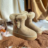 Wool version~ fur integrated thick-soled snow boots women's winter new horn buckle piled thickened cotton shoes 40 gray