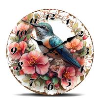 Kolibris ant rožinių gėlių sieninis laikrodis, gamtos paukščių tematikos apvalus laikrodis, subtilus dekoratyvinis laikrodis sodo mylėtojo svetainei 10 inch black