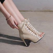 Women Latin Dance Shoes High Heel Fish Mouth Boots Jazz Tango Swing Ballroom Sandals 39 gray