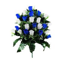 New 24 Heads Artificial Cemetery Flowers Faux Fake Silk Red Blue White Roses Bouquet Grave Decorations for Headstones