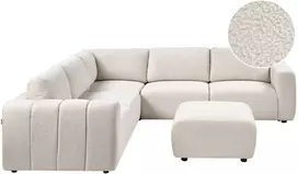 Beliani Modulinė kampinė sofa 5 žmonėms „KIVVIK“ su pufu, „Bouclé“, balkšva, dešininė