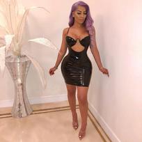 Fashion Women's Leather Latex Sleeveless Sling Dress V-neck Bodycon Package Hip Skirt XL juoda