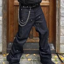 High Street American trendy brand tooling jeans men's black ruffian handsome loose vibe wind slightly zipper design pants M black
