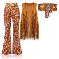 Yousheng Women Hippie Costume Outfits Retro Flared Pants Tassel Waistcoat Headband Set for Halloween Cosplay Nightclub Dance L juoda