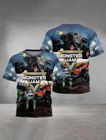 2026 Summer Kids Monster Jam Cartoon Truck 3D Print Round Neck Short Sleeve T Shirts Outdoor Casual Tops for Boys Girls 130 gray