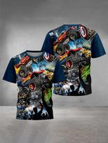 2026 Summer Kids Monster Jam Cartoon Truck 3D Print Round Neck Short Sleeve T Shirts Outdoor Casual Tops for Boys Girls 160 gray