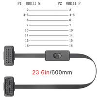 60CM 16Pin OBD2 Extension Cable Adapter Cable Flat+Thin As Noodle OBDII Male To Female Socket Connector with ON/OFF Switch 1PC Adapter Cable gray