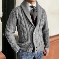 Men's Lapel Cable Knit Cardigan, Long Sleeve Open Front Sweater Coat, Fall Winter Casual Outerwear L pilka