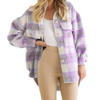 Fashion Women Collar Neck Long Sleeve Oversized Plaid Casual Tops Shacket Coat S violetinė