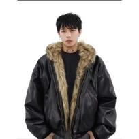 BeatStreet Amerikietiško Stiliaus Vyriškos Dygsniuotos Striukės PU Oda Dvipusės Dirbtinio Kailio Vilnos Sutirštintos Vienspalvės Laisvos Vyriškos Striukės Madingos Asian Size L juoda