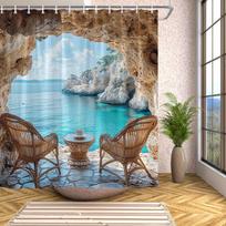 1Pc Coastal Cave View Shower Curtain - Lush Forest & Waterfall Digital Art, Machine Washable, All-Season, Unlined W60H190(CM)-1 Pcs white