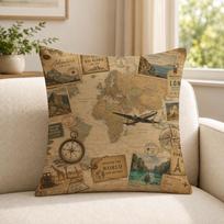 art vintage travel map collage Cushion Cover Soft Short Plush SkinFriendly Cushion Case for MultiScene Use 45cmx45cm(18x18Inch)
