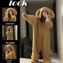 Cozy Women's Hooded Puppy Onesie: Warm Coral Fleece Pajamas for Indoor & Outdoor Use, Autumn/Winter. XL brown