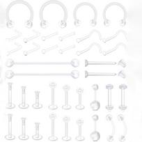 38-Piece Acrylic Piercing Set: Nose & Lip Studs, Nose & Belly Rings, Earrings, Cartilage Studs white