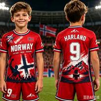 2026 Berniukų HAALAND Nr.9 Futbolo Marškinėlių Šortų Rinkinys Moterims Vyrams Norvegijos Futbolo Gerbėjams Marškinėlių Šortų Rinkinys Vaikams Sportinis Kostiumas 2 Dalių Rinkinys 130