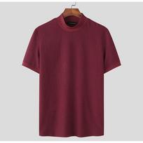 Men's Mock Neck Short Sleeve Knit T-Shirt, Slim Fit Waffle Textured Half High Collar Tee, Solid Color Casual Basic Pullover Top for Daily Wear L vyno raudonos spalvos