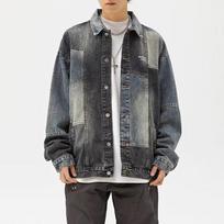 Trendy American Hip-Hop Style Washed Denim Color-Block Lapel Jacket L mėlyna