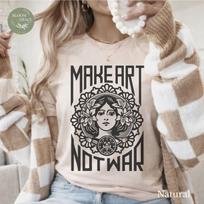 Darykite meną, o ne karą marškinėliai, Art Nouveau grafiniai marškinėliai, Vintažinė dovana menininkui, Kūrybingi marškinėliai menininkams, Marškinėliai muziejų mėgėjui, Prieš karą T-shirt 140 black