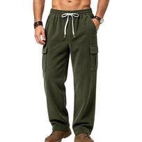 Men's Corduroy Cargo Pants Elastic Drawstring Waist Wide Leg Trousers with Multi Side Pockets Casual Loose Fit Streetwear Pants XXXL armijos žalia spalva