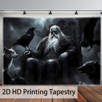 Extra Large Norse Mythology Crow Tapestry, Majestic Landscape  Polyester Wall Hanging For Living Room Bedroom Wall Decor 70X100cm gray