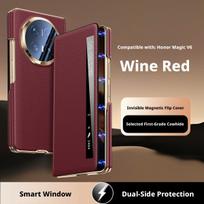 Premium Pebble Grain Genuine Leather Case For Honor Magic V6 Smart Window Electroplated Frame Hinge Full Lens Protection Cover Honor Magic V6 black