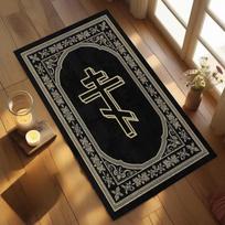 Red Gold Floral Orthodox Cross Area Rug Non Slip Washable Religious Prayer Floor Mat Hall Carpet 40x60cm