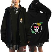 One Piece Brook Soul King Jolly Roger Zip Hoodie, Mini Luffy Pocket Logo & Back Brook Colorful Skull Crown Soul King Flag, Oversized Anime Zip-Up S juoda
