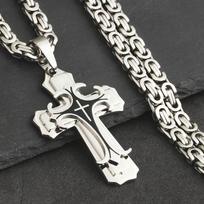 Ortodoksų kryžiaus pakabukų karoliai vyrams nerūdijančio plieno Katalikų Jėzaus karoliai Sidabro spalvos Bizantijos grandinėlės Vyriški papuošalai 55cm 22inch black
