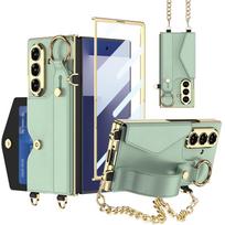 Samsung Z Fold7 Wristband Case: Fashionable Electroplated Leather with Card Holder and Lanyard Fold8 gray