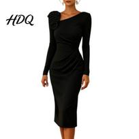 Loose Fit Dress Women's Cocktail Party Bodycon Midi Dress Long Sleeve 3D Mid-length Flower Ruched Formal Wedding Guest Evening Gown Simple Style S