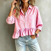 Women's Striped Ruffle Blouse – Fashion Casual 3/4 Sleeve Shirt, Summer Tunic Top S rožinė