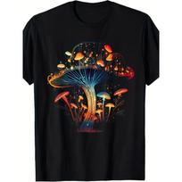 Europos dydžiai Vyriški Cottagecore T-shirt su grybų grafika - Laisvas kirpimas Retro 60-ųjų/70-ųjų Hippie stilius su šviečiančiomis lemputėmis ir magišku miško dizainu 4XL juoda