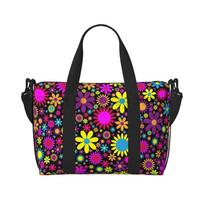 Abstract Hippie Flowers Print Travel Duffel Bag Gym Sports Tote Bags Women Weekender Overnight Bag Large Carry on Bag Waterproof black