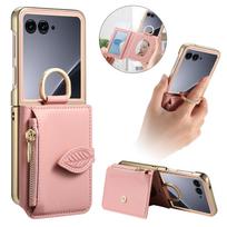 Prabangus dėklas su užtrauktuku, lapeliu, magnetiniu žiedu, veidrodėliu, kortelių angomis, odinis, skirtas Motorola Razr 60 50 Ultra, atsparus smūgiams Motorola Razr 60 rožinė