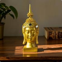 Golden Buddha Head Statue Finish Tabletop Sculpture for Meditators, brown
