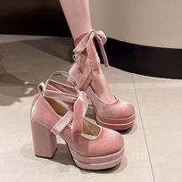 French Pink Retro Thick Heel Mary Janes Spring Autumn New Rubber Sole Polyurethane Heightening Women Shoes 38