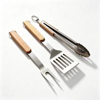 Premium Stainless Steel BBQ Tool Set with Wooden Handles - Includes Fork, Shovel, and Tongs for Outdoor Camping and Grilling. Standard Set (PE Bag)