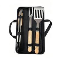 Premium Stainless Steel BBQ Tool Set with Wooden Handles - Includes Fork, Shovel, and Tongs for Outdoor Camping and Grilling. Standard Set (PE Bag)