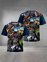 2026 Summer Kids Monster Jam Cartoon Truck 3D Print Round Neck Short Sleeve T Shirts Outdoor Casual Tops For Boys Girls 140 gray